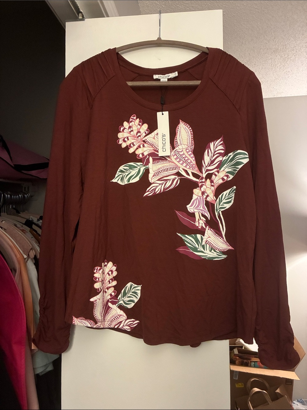 Chico's Maroon Long Sleeve Floral Top